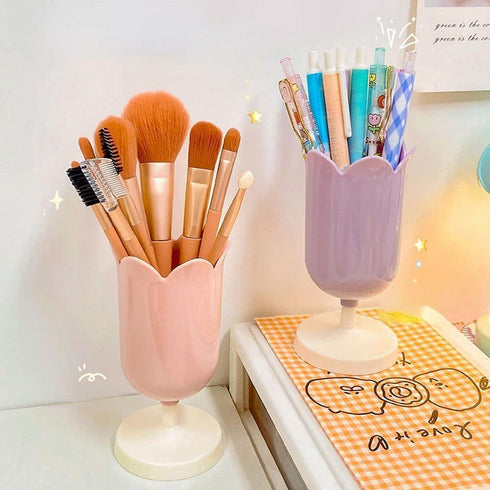 Purple Pen Holder for Desk, Plastic Tulip Pen Holder Girl Small Makeup Box Cute Stationery Organizer Pencil Stand Case Pencil Cups Desktop Decorat...