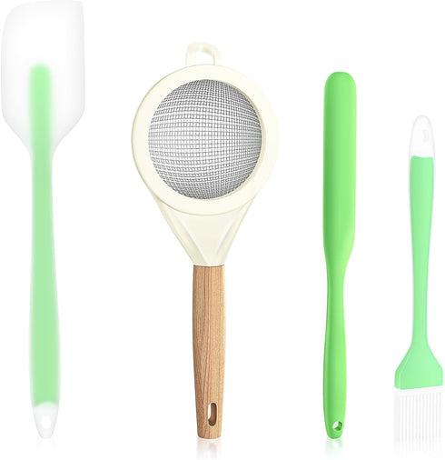 Kitchen Silicone Utensils Set,4 Pcs Silicone Spatula,Fine mesh stainless steel colander Kitchen Cooking Utensils Brush, Kitchen Spatula Cookware U...