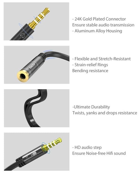 KINGTOP Headset Splitter, 3.5mm Headphone Mic Splitter Cable for Headset with Separate Audio Microphone Jacks, Microphone Headphone Splitter (Not ...