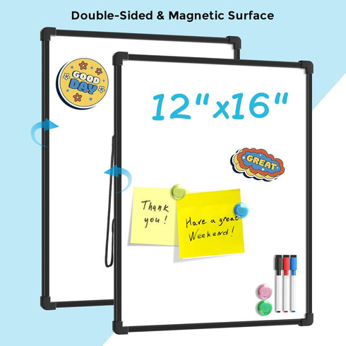 MaxGear Double-Sided Dry Erase Board for Wall, 16"x12" Hanging Whiteboard, Small White Board with 3 Markers&4 Magnets, Portable for Students - Pla...