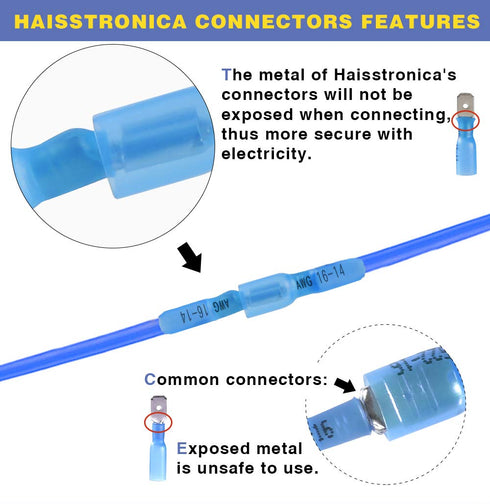 haisstronica 100pcs Blue Heat Shrink Female Spade Connectors,16-14 Gauge Insulated Electrical Crimp Wire Terminals...