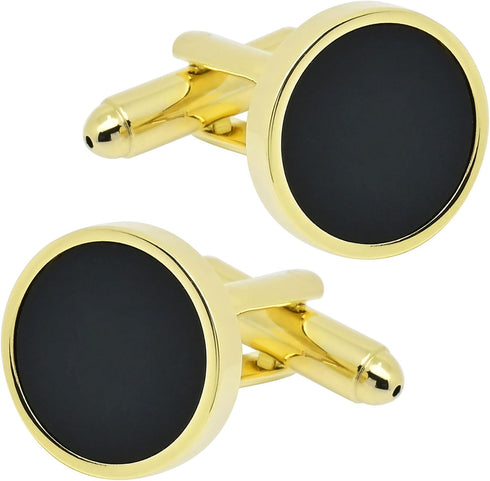 14K Gold Plated Round Mens Cufflinks with Black Agate In Gift Case Classic Round Golden Cufflinks for Men Jewelry for Wedding Party Business Birth...
