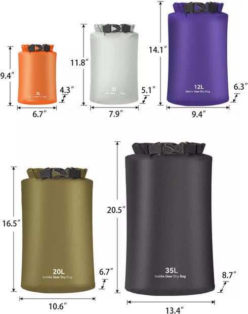 Waterproof Dry Bag 5-Pack Ultralight Wet Bags -3L/5L/12L /20L/35L sizes,Roll Top Lightweight dry sack Keep Gear Dry for Kayaking,Camping,Boating,H...