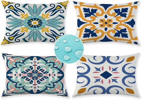 Set of 4 Outdoor Waterproof Pillow Covers 12x20 Mandala Flower Decorative Throw Pillow Covers Boho Geometric Pillow Cases for Garden Patio Home De...