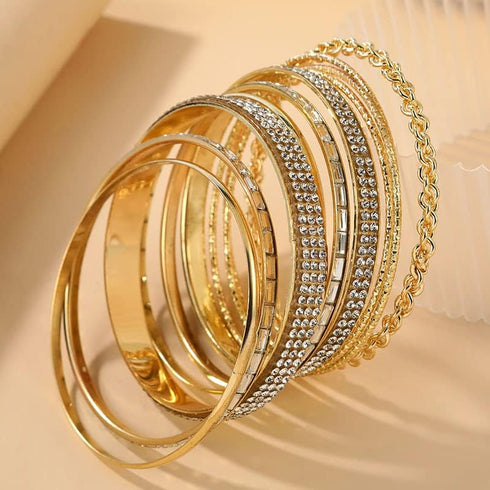 Fuqimanman2020 Boho Chunky Indian Multi Layered Stackable Textured Bangle Bracelets Set Faux Pearl Smooth Cable Bracelet Gold Tone for Women Weddi...