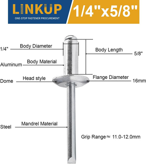 Linkup 50pcs pack 1/4" x 5/8" Large flange Pop blind Rivets,Large Head aluminum rivets,6.4mm x 16mm pop rivets,Aluminum Body Steel Mandrel Rivets ...