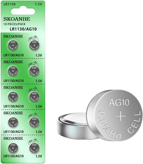 SKOANBE 10PCS LR1130 AG10 SG10 389 189 1.5V Button Coin Cell Battery...