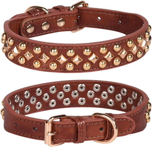 Spiked Dog Collar, Mushrooms Rivet Studded Adjustable Pu Leather Pet Collars for Cats Puppy Dogs (M, Brown3)...