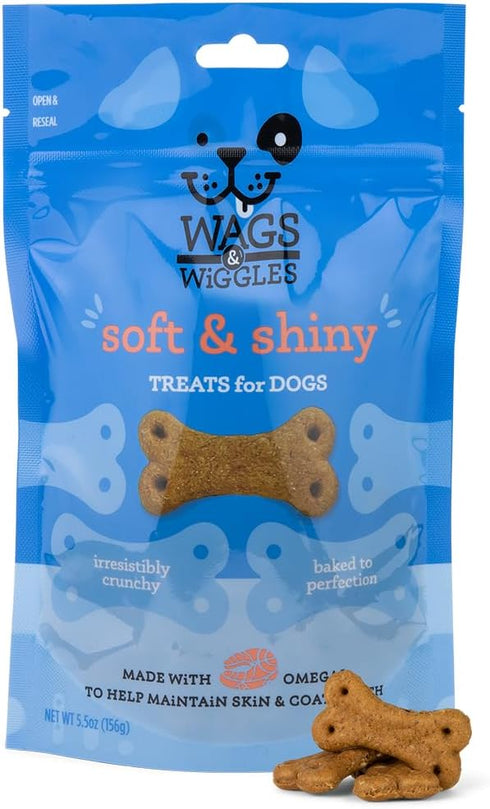 Wags & Wiggles Soft & Shiny Treats for Dogs, Chicken Flavor, 5.5 oz Resealable Bag | Skin & Coat Support Functional Treats for Dogs with Salmon fo...