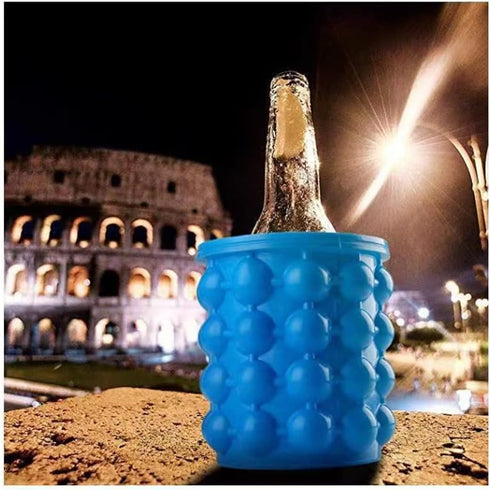 (2 in 1) Ice Cube Maker, Round,Portable .Silicone ice Bucket and ice Mold with lid, Portable Silicon Ice Cube Maker(Blue)...