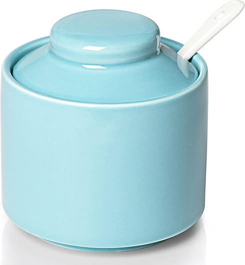 ONTUBE Ceramic Sugar Bowl with Lid and Spoon,Porcelain Seasoning Box Salt Bowl,8oz ?Turquoise Blue?...