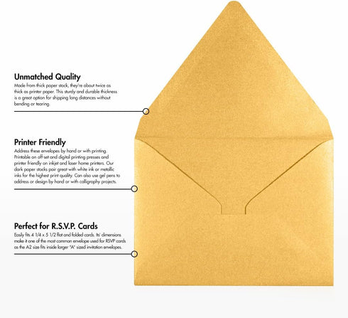 LUXPaper A2 Contour Flap Invitation Envelopes | 4 3/8" x 5 3/4" | Gold Metallic | 80lb. Text | 50 Qty...