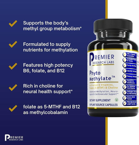 Premier Research Labs Phyto Methylate - B Vitamin Supplement - Supports Methylation, Detox, Brain & Heart Health - 5-MTHF & P5P - 60 Plant-Source ...