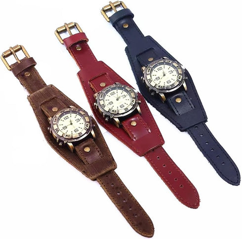 Handmade Men Watches Vintage Punk Hip-hop Gothic Soft Wide Leather Fashion Cuff Women Wristwatch Round Bronze Dial Quartz...