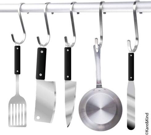 Flat S-Shaped Hanging Hooks - for Kitchen Utensils, Garage or Garden Tools, etc. - Heavy Duty Genuine Solid 304 Stainless Steel - Multi Purpose - ...