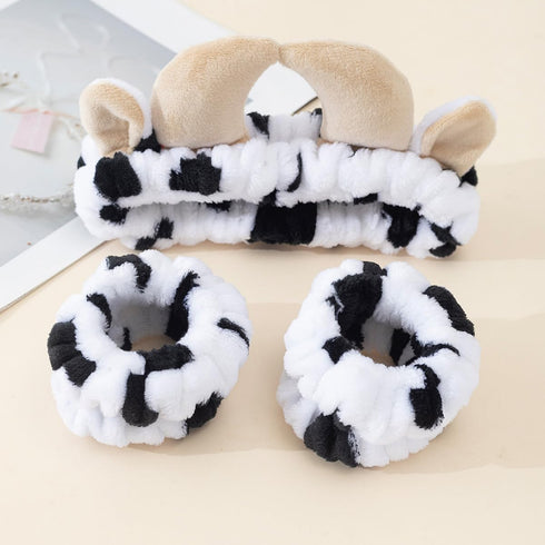 3 PCS Spa Headband Cow Print Ears for Face Washing, Cute Cow Plush Wash Face Elastic Headbands Women Girls Makeup Skincare Bath Head Wrap Kids Cos...
