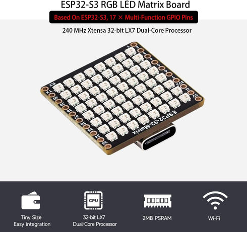 ESP32-S3 Matrix ESP32 S3 Development Board with 8×8 RGB LED Matrix and QMI8658C Attitude Sensor, 17 x Multi-Function GPIO Pins, Supports Wi-Fi and...