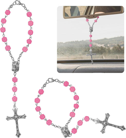2PCS Pink Rosary Car Rearview Mirror Charms, Interior Pendant Decorations with Medal and Cross, Hanging Accessories for Women and Men (Pink)...