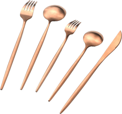 Copper Gold Flatware, Royal 5 Pieces Luxury Matte Finish 18/10 Stainless Steel Tableware Sets for 1 Including Forks Spoons Knives, Camping Silverw...