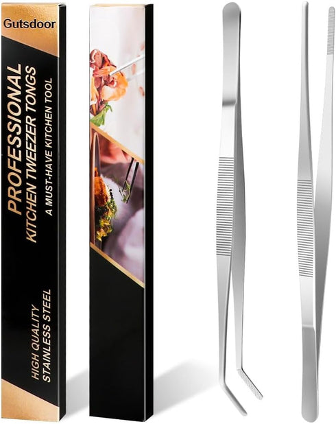 Gutsdoor Kitchen Tweezers Set Stainless Steel Tongs Tweezers Set of 2 with Precision Serrated Tips for Cooking (8 Inch Set)...