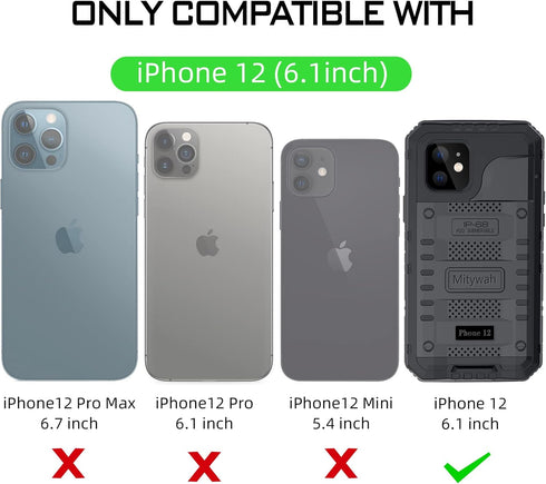 Mitywah Waterproof Case for iPhone 12, Heavy Duty Shockproof Case with Built-in Screen Protector, Full Body Underwater Protective Metal Case 6.1 i...