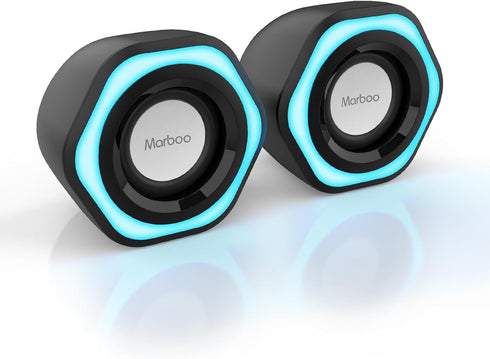 Computer PC Speakers USB Powered 3.5mm AUX Jack Volume Control Ice-Blue LED Light HiFi Stereo Sound Quality Mini Gaming Desktop Monitors Laptops S...