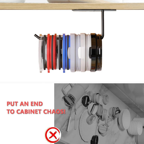 2 Packs Tumbler Lid Organizer Self-Adhesive or Drilling Under Cabinet Cup Lid Hook Organizers Tumbler Lid Hanger for Kitchen Organizers and Storag...