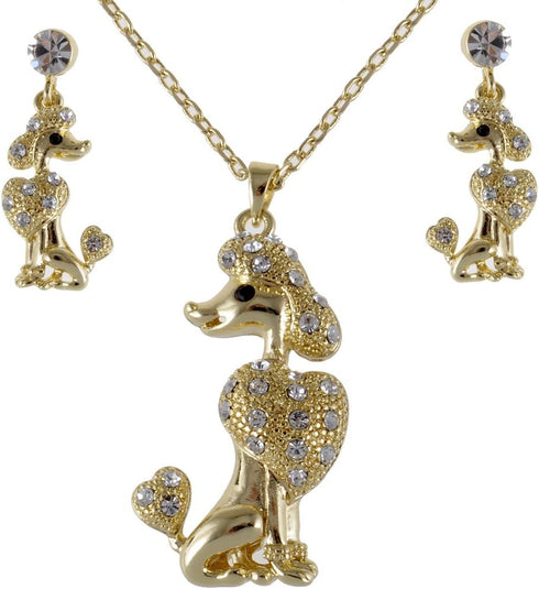 Alilang Golden Tone Poodle Show Dog Crystal Rhinestone Earring Necklace Set...