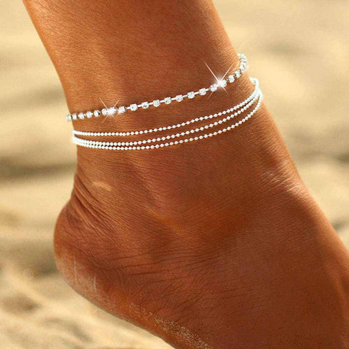 Boho Layered Anklet Rhinestone Beach Ankle Bracelets Silver Foot Chain Jewelry for Women...