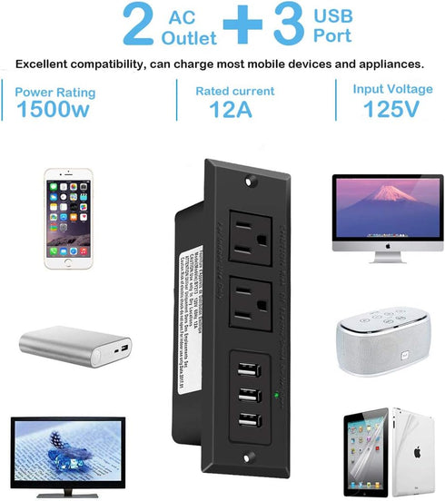 CCCEI Furniture Recessed Power Strip, Black Desk Outlet with USB Ports, in Conference Desktop Flush Mount Plug, 6 ft Extension Cord....