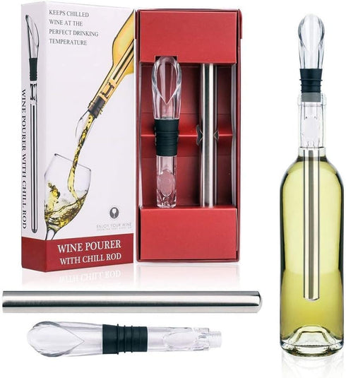 Wine Chiller Ice Red Wine Bottle Stainless Steel Cooler Chiller Stick Container Freezer 3 in 1 with Aerator and Pourer Wine Accessory (2)...