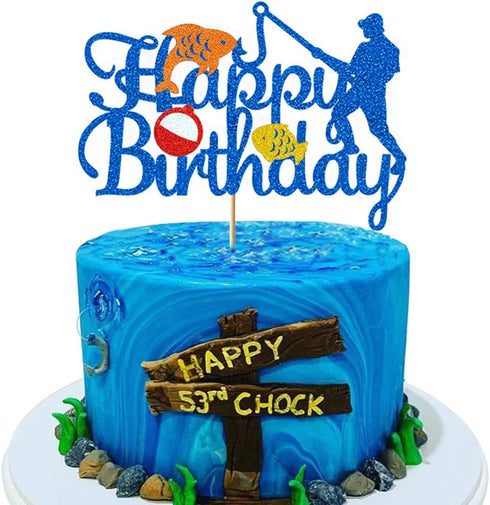 Glorymoment Fishing Cake Toppers Birthday, Glitter Blue Bobber Cake Topper, Fisherman Cake Topper Birthday Fishing Themed Party Cake Decoration Su...