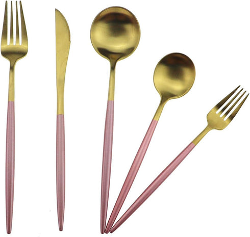 Gugrida Pink Gold Flatware, Royal 5 Piece Matte Pink Handle 18/10 Stainless Steel Tableware Sets for 1 Including Forks Spoons Knives, Camping Silv...