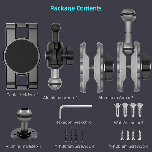 Aluminum Heavy Duty Drill Base Tablet Holder Car Mount Dashboard, 14.2“ Long 360°3-Stage Metal Stand Bracket for 4.7-12.9" iPad Pro/Air/Mini/Samsu...