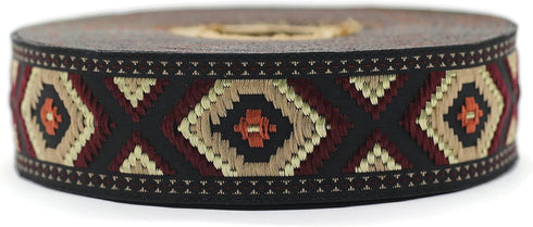 11 Yard Spool 0.98 inches Wide Brown&Claret Red Geometric Jacquard Ribbon Sewing Trim Upholstery Fabric 25952 V3...