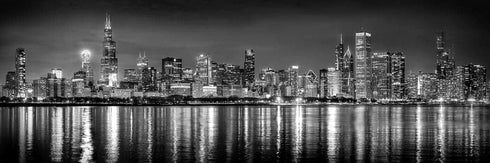 PHOTOSBYJON Chicago Skyline UNFRAMED Photo Print Night Black & White B&W BW 11.75 inches x 36 inches Photographic Panorama Print Photo Picture Sta...