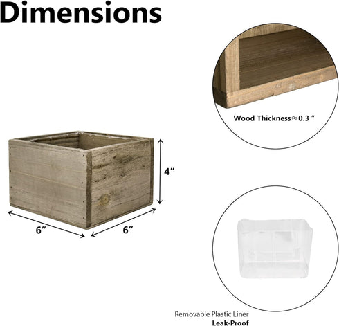 CYS EXCEL Wood Square Planter Box with Removable Plastic Liner (H:4" Open:6"x6") | Multiple Size Choices Wooden Planters | Indoor Decorative Flowe...