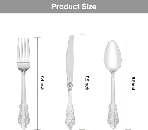 75PCS Silver Plastic Silverware for 25 Guests, Heavy Duty Silver Disposable Utensils Sets, Includes 25 Forks, 25 Spoons, 25 Knives, Elegant Cutler...