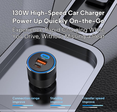 130W Car Charger with 100W E-Mark Cable - Multiport (2 USB-C & 1 USB-A) Super Fast Charging, Compatible with iPhone 15/14/13/12, Galaxy S24/S23/S2...