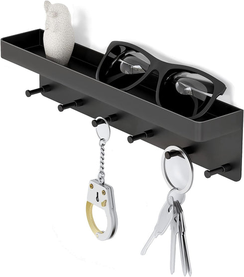 MKO Key Holder Wall Mount, Key Holder Wall Mount Adhesive with Mail Organizer Tray with 6 Key Hooks for Wall, Black...