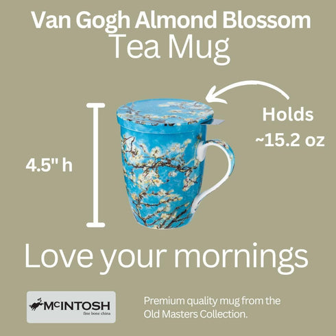 McIntosh Mugs Van Gogh Almond Blossom Fine Bone China (15 oz) Tea Mug with Lid and Infuser in Matching Gift Box...