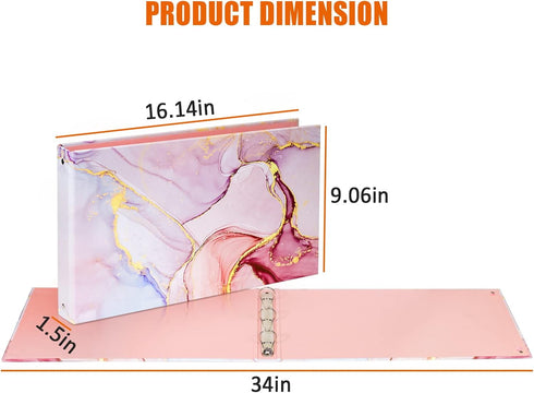 Legal-Size Binder, for 8.5 x 14 paper, 3 Ring Binder 1 Inch, Landscape Spreadsheet Binder with Elastic Cord, Pink Marble...