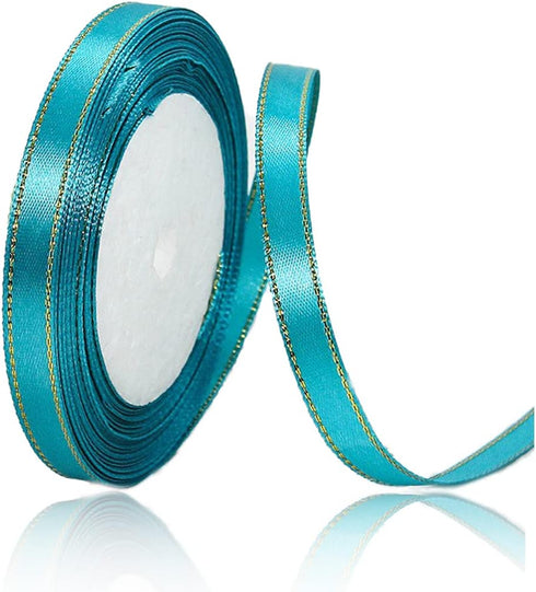 Turquoise Blue Satin Ribbons 3/8 Inch x 25 Yards, Fabric Ribbon with Gold Edges Border for Gift Wrapping, DIY Crafts, Floral Bouquet, Hair Bows, S...