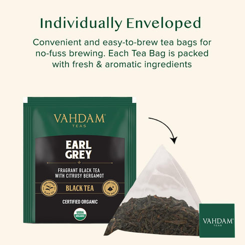 VAHDAM, Earl Grey Black Tea Bags (30 Count) Medium Caffeine, Non GMO, Gluten Free | Citrus Bergamot & Smooth | Resealable Ziplock Pouch | Individu...