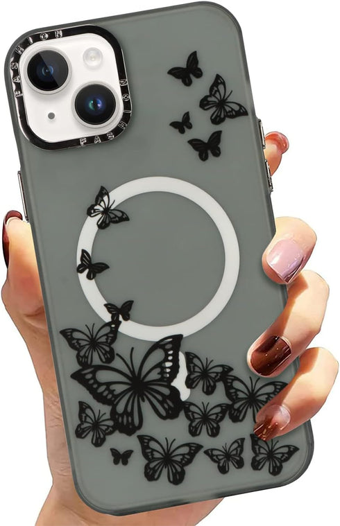 Compatible iPhone 13 6.1 "2021 Black Butterflies Magnetic Phone Case,Soft TPU Bumper Translucent Magnetic Matte Phone Case Cute Butterfly Print Pa...