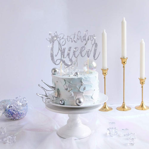 Handmade Glitter Queen Birthday Cake Topper, Happy Birthday Cake Bunting Decor, Birthday Party Decoration Supplies (Sliver)...