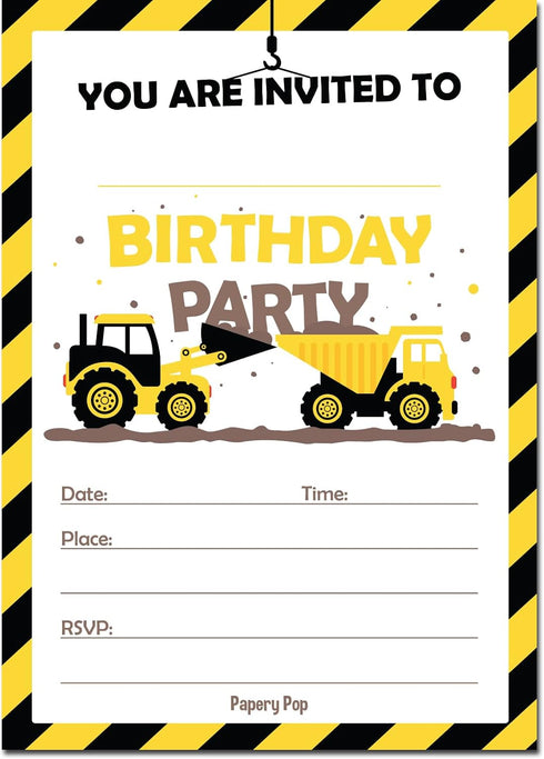 Papery Pop Construction Trucks Birthday Invitations with Envelopes (15 Count) - Kids Birthday Party Invitations for Boys - Tractor...