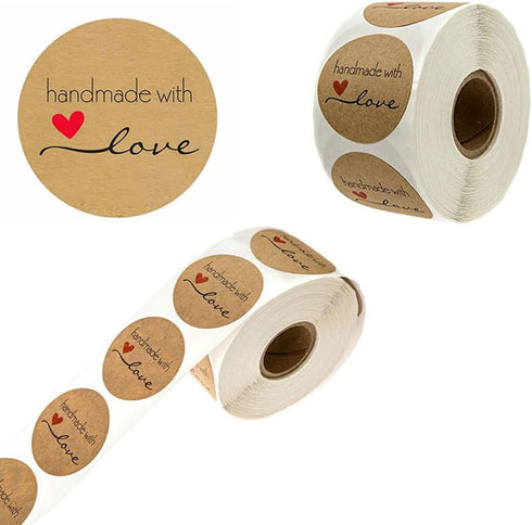 1000PCS Handmade with Love Stickers,1 Inch Small Round Brown Thank You Red Heart Baking Stickers Label Bakery Stickers for Baked Goods Packaging, ...