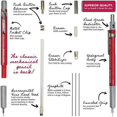 Koh-I-Noor Rapidomatic Mechanical Pencil, 3mm lead, Red, 1 Each (5633)...