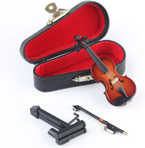 Dselvgvu Wooden Miniature Violin with Stand,Bow and Case Mini Musical Instrument Miniature Dollhouse Model Ornament Home Decoration (3.15"x1.18"x0...